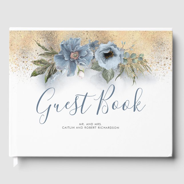 Dusty Blue and Gold Glitter Wedding Guest Book (Front)