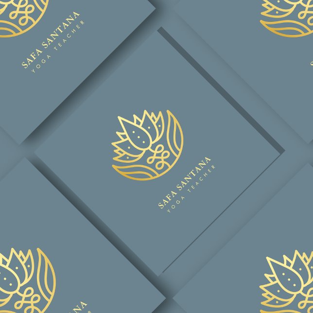 Dusty Blue And Gold Lotus Flower Yoga Teacher  Square Business Card (Creator Uploaded)