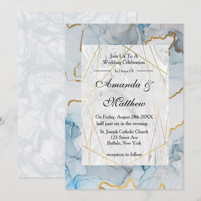 Dusty Blue and Gold Marble Wedding Invitations  (Front/Back)