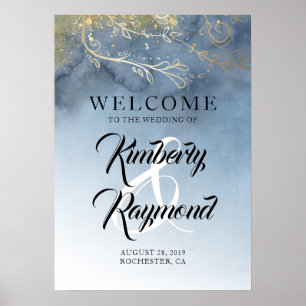 Dusty Blue and Gold Modern Wedding Welcome Sign