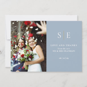Dusty Blue And Gold Monogram 2 Photo Wedding Invitation