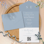 Dusty Blue And Gold Monogram QR Code Wedding All In One Invitation<br><div class="desc">This chic minimalist all-in-one wedding invitation can be personalised with your monogram initials and wedding day information on a dusty blue background. The invitation includes a perforated RSVP with your wedding website QR code and details. Designed by Thisisnotme©</div>