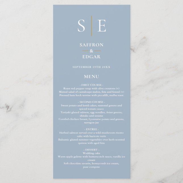 Dusty Blue And Gold Monogram Wedding Dinner Menu (Front)