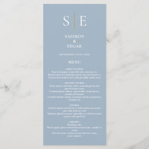 Dusty Blue And Gold Monogram Wedding Dinner Menu