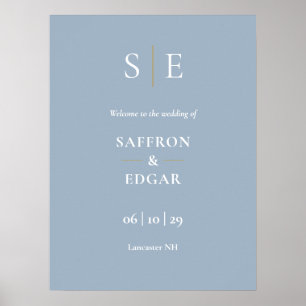 Dusty Blue And Gold Monogram Wedding Welcome Sign