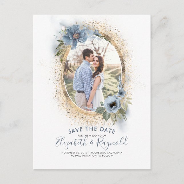 Dusty Blue and Gold | Photo Save the Date Announcement Postcard (Front)