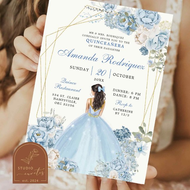 Dusty Blue and Gold Royal Crown Mexican Princess Invitation (Creator Uploaded)