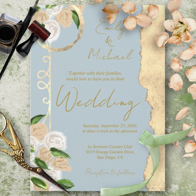 Dusty Blue and Gold Rustic Boho Floral Wedding Invitation (Creator Uploaded)