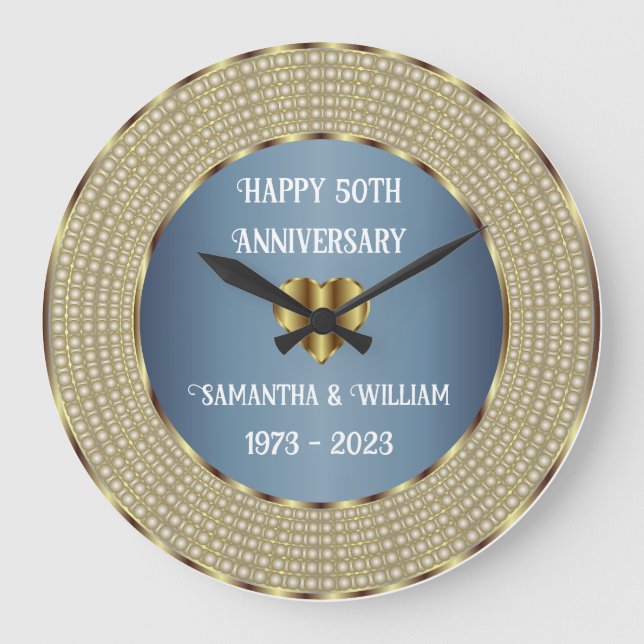 Dusty Blue And Gold Wedding Anniversary Geometric Large Clock (Front)