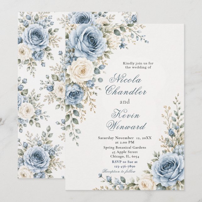 Dusty Blue and Gold Wedding Invitation (Front/Back)