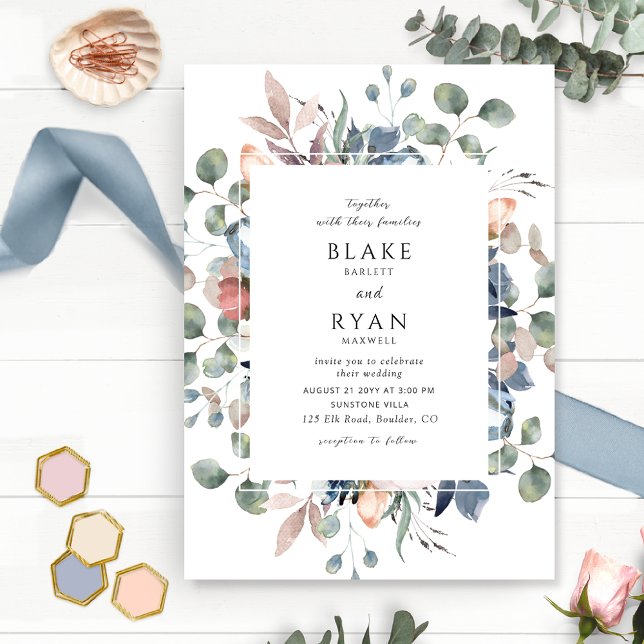 Dusty Blue and Greenery Blissful Floral Wedding Invitation (Creator Uploaded)