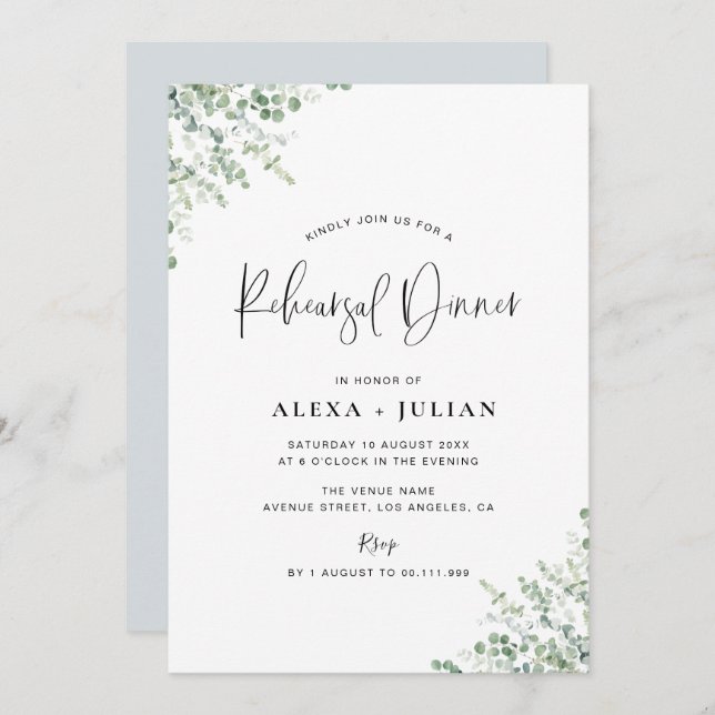 dusty blue and greenery rehearsal dinner invitation (Front/Back)