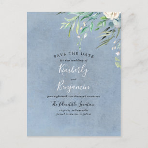 Dusty Blue and Greenery Save the Date Announcement Postcard
