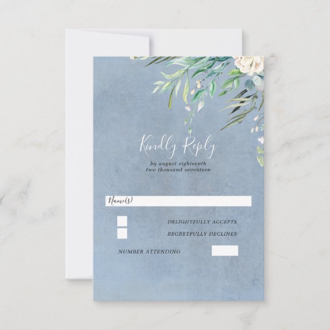 Dusty Blue and Greenery Wedding RSVP Card (Front)