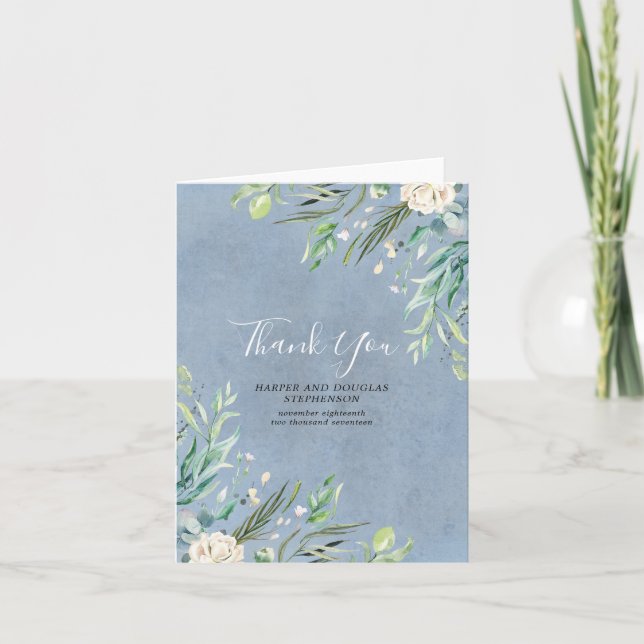 Dusty Blue and Greenery Wedding Thank You Card (Front)