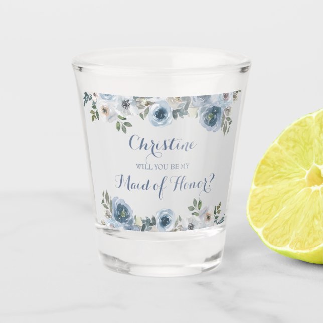 Dusty Blue And Grey Floral Botanical Wedding    Sh Shot Glass (Front)