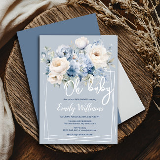 Dusty blue and ivory floral baby shower invitation