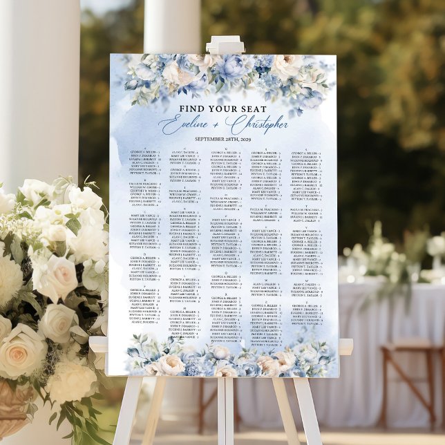 Dusty Blue and Ivory Flowers Alphabetical seating  Poster ( Boho Elegant Dusty Blue and Ivory Flowers Alphabetical seating chart )