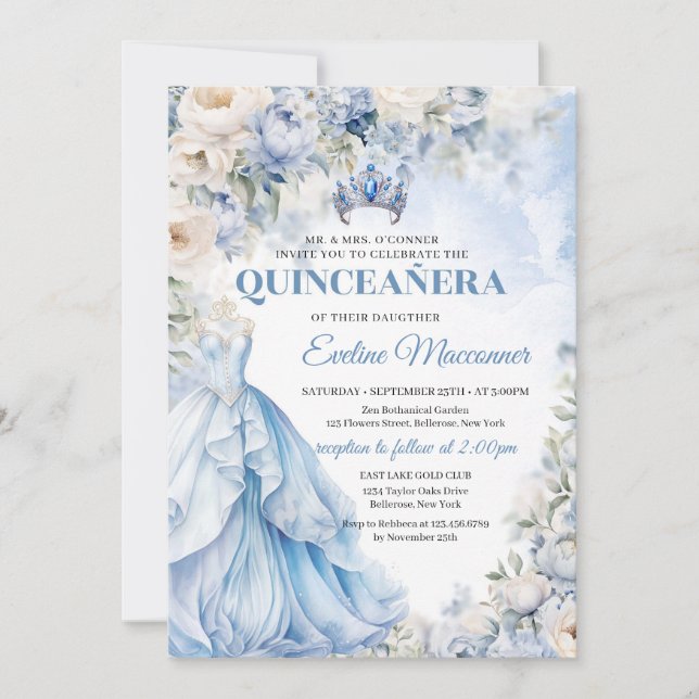 Dusty Blue and Ivory Flowers Blue Princess Dress Invitation (Front)