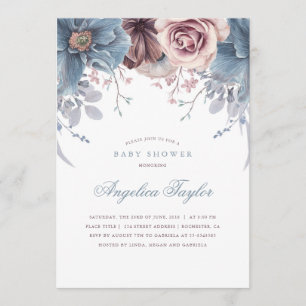 Dusty Blue and Mauve Floral Baby Shower Invitation
