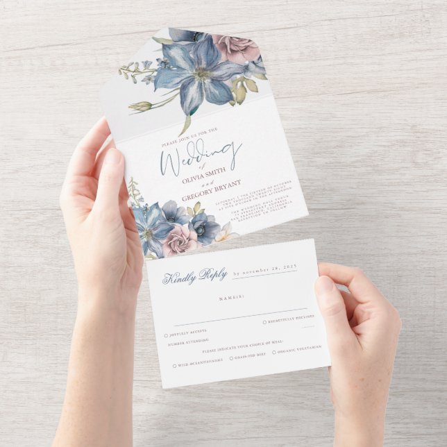 Dusty Blue and Mauve Floral Elegant Wedding All In One Invitation (Tearaway)