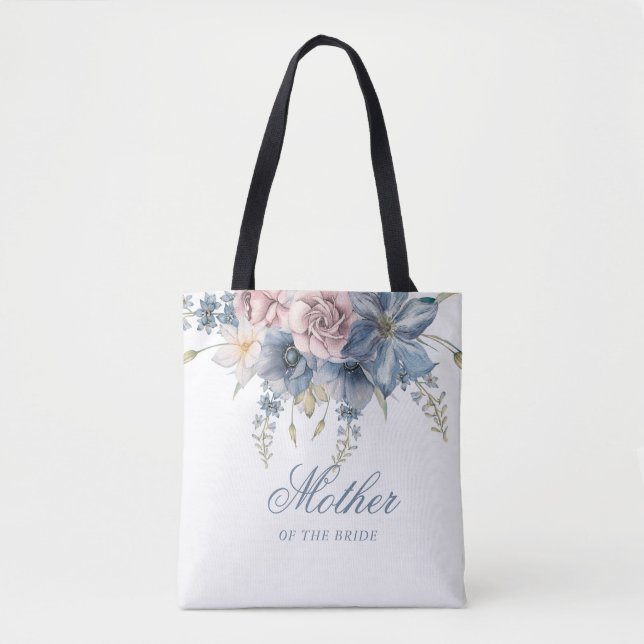 Dusty Blue and Mauve Floral Elegant Wedding  Tote Bag (Front)