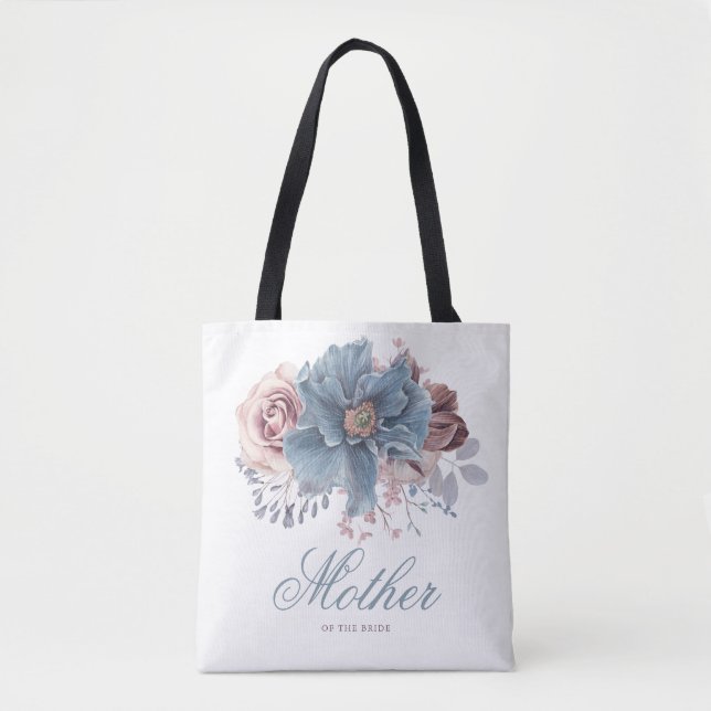 Dusty Blue and Mauve Floral Elegant Wedding Tote Bag (Front)