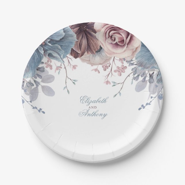 Dusty Blue and Mauve Floral Wedding Paper Plate (Front)