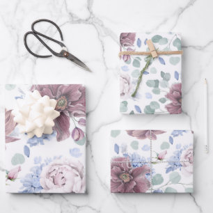 Dusty Blue and Mauve Flowers Botanical Pattern Wrapping Paper Sheet