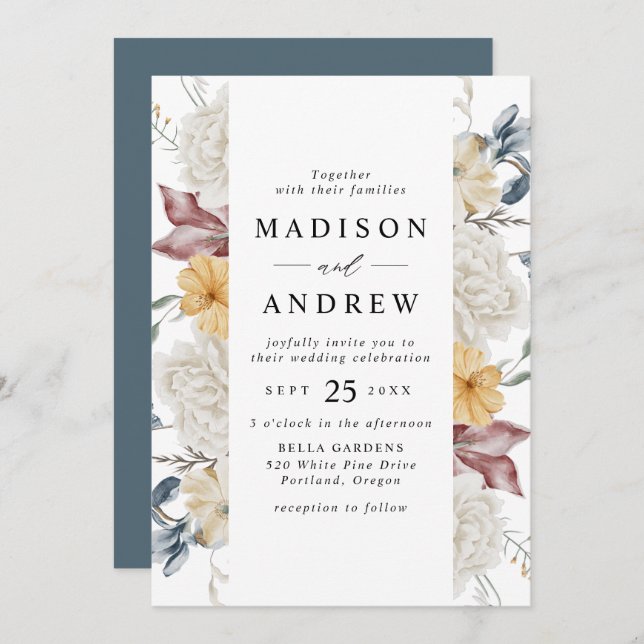 Dusty Blue and Mauve Wildflower Meadow Wedding Invitation (Front/Back)