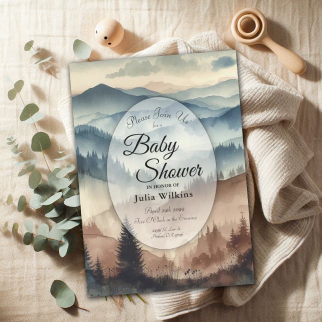 Dusty Blue and Mocha Brown Mountains Baby Shower Invitation (Creator Uploaded)