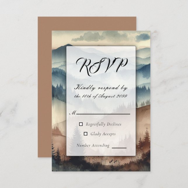 Dusty Blue and Mocha Brown Mountains RSVP Card (Front/Back)