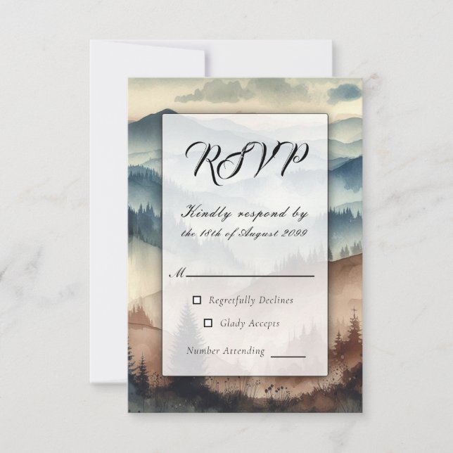 Dusty Blue and Mocha Brown Mountains RSVP Card (Front)