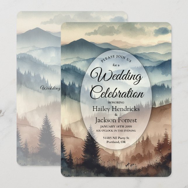 Dusty Blue and Mocha Brown Mountains Wedding Invitation (Front/Back)