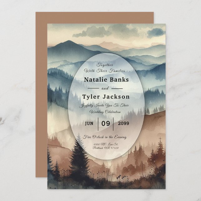 Dusty Blue and Mocha Brown Mountains Wedding Invitation (Front/Back)