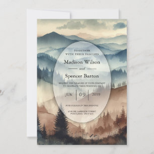 Dusty Blue and Mocha Brown Mountains Wedding Invitation