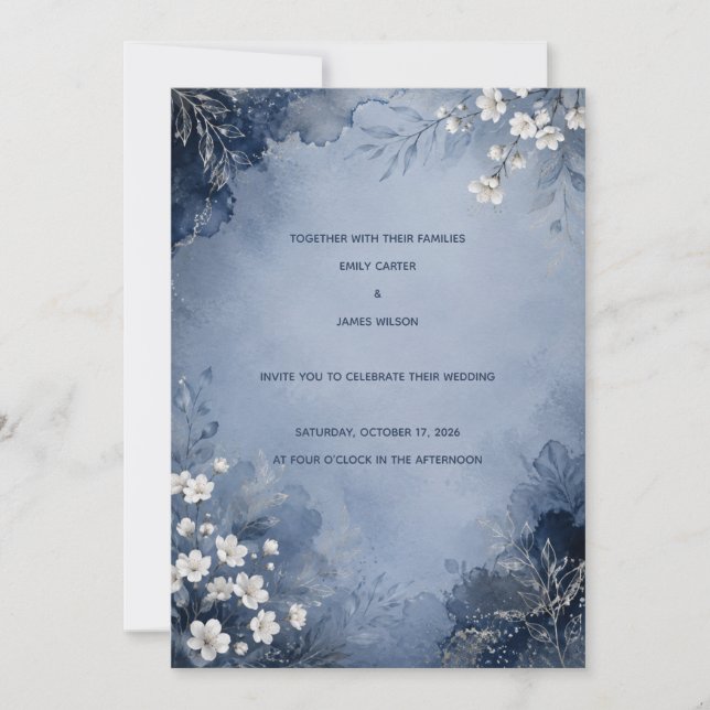 Dusty Blue and Navy Blossom Wedding Invitation (Front)