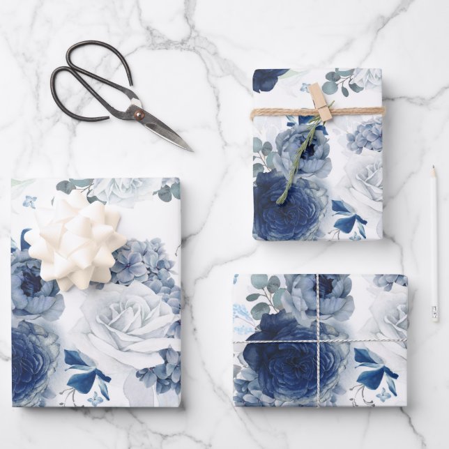 Dusty Blue and Navy Blue Flowers Elegant Botanical Wrapping Paper Sheet (Front)