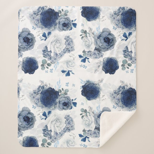 Dusty Blue and Navy Blue Flowers Elegant Stylish Sherpa Blanket (Front)