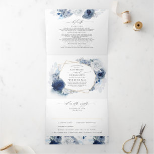 Dusty Blue and Navy Floral Botanical Wedding Tri-Fold Invitation