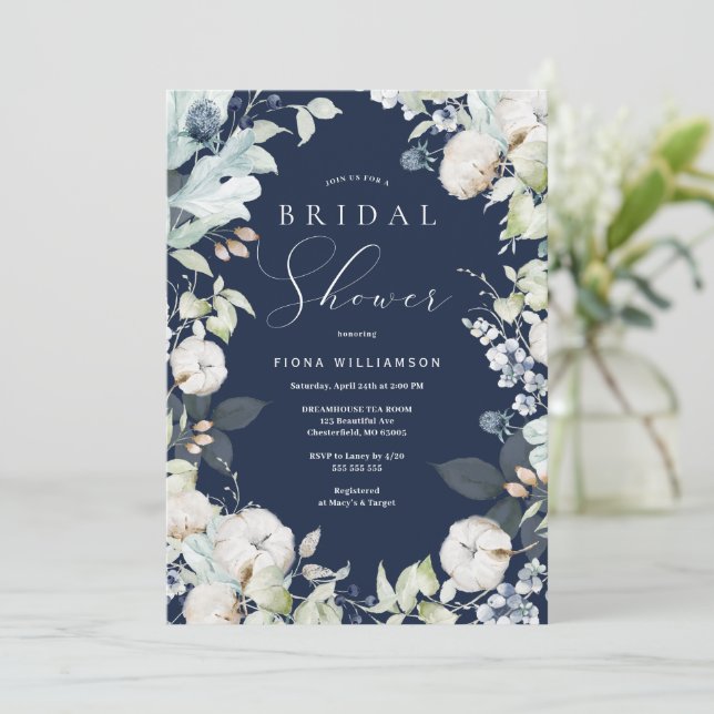 Dusty Blue and Navy Floral Bridal Shower Invitation (Standing Front)