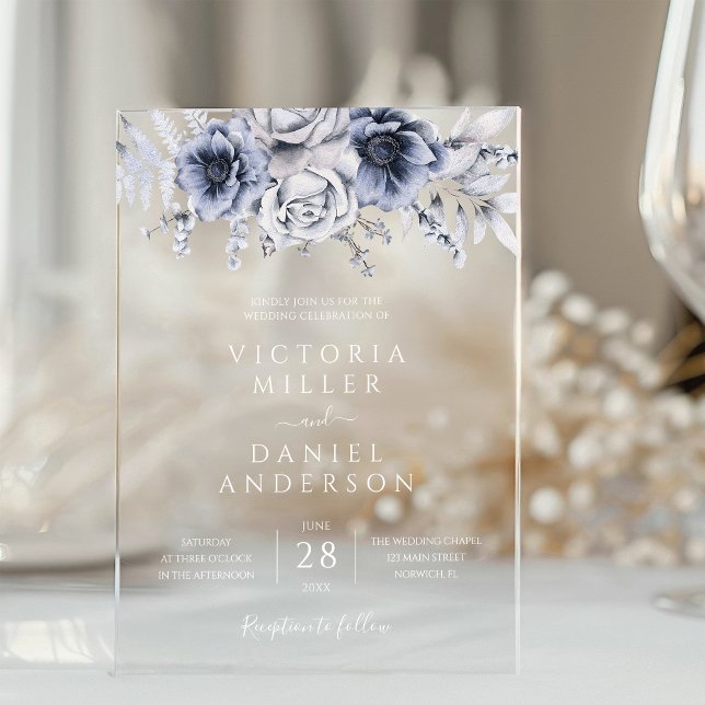 Dusty Blue And Navy Floral Elegant Wedding Acrylic Invitations (Creator Uploaded)
