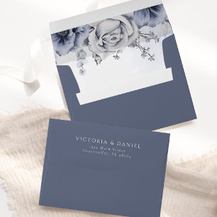 Dusty Blue And Navy Floral Elegant Wedding Envelope