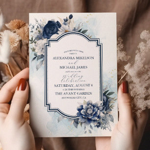 Dusty Blue and Navy Floral Elegant Wedding Invitation