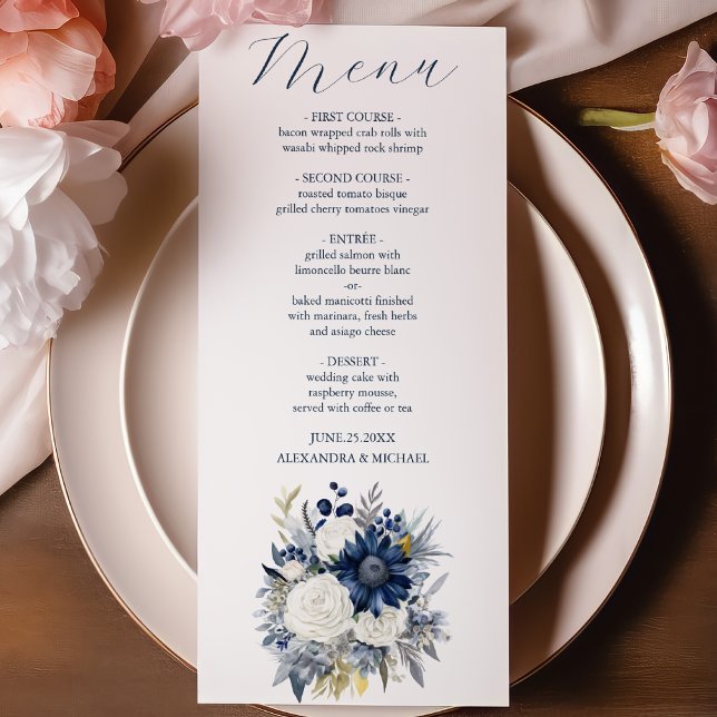  Dusty Blue and Navy Floral Elegant Wedding Menu (Creator Uploaded)