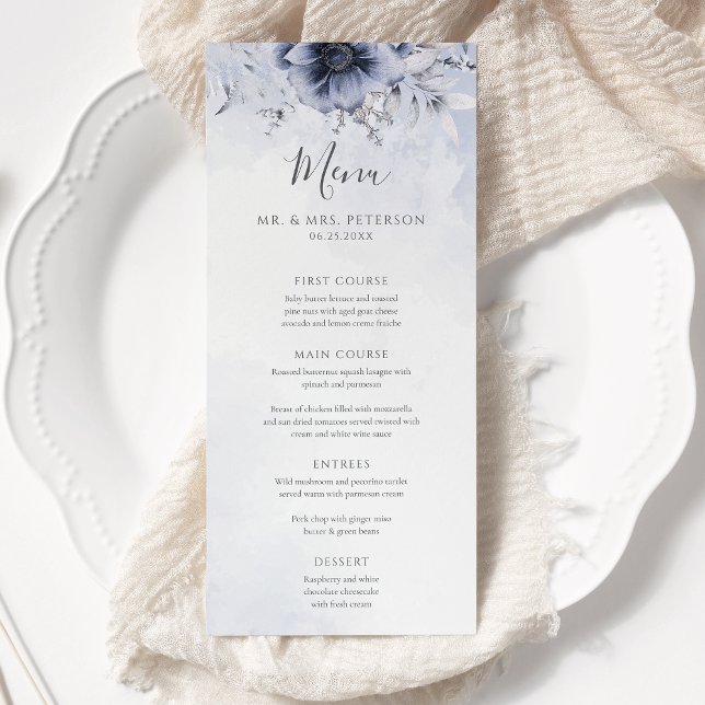 Dusty Blue And Navy Floral Elegant Wedding Menu (Creator Uploaded)