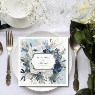  Dusty Blue and Navy Floral Elegant Wedding Napkin