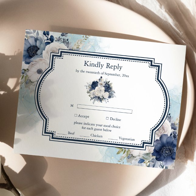 Dusty Blue and Navy Floral Elegant Wedding RSVP Card (Creator Uploaded)