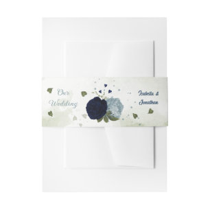 dusty blue and navy floral greenery wedding invitation belly band