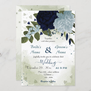 dusty blue and navy flowers greenery wedding invitation
